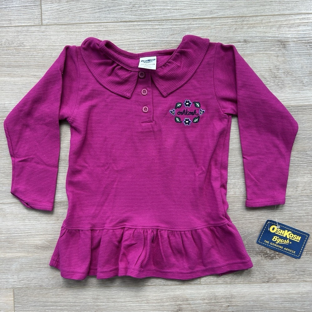NWT‎ Vintage Oshkosh B'gosh 4T Fuscia Flower Embroidered Thermal Ruffle Top USA